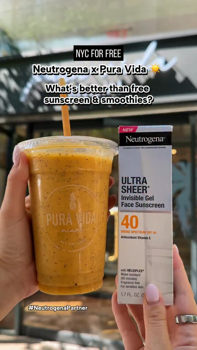What’s better than free sunscreen & smoothies? ☀️🥤#NeutrogenaPartner
 
@Neutrogena is popping up at @PuraVidaMiami this week, because sun protection should be as easy as your smoothie run with the new Ultra Sheer Invisible Gel Face Sunscreen SPF 40.
 
July 17 – 18, Neutrogena is taking over Pura Vida - Williamsburg with a pop-up featuring free smoothies, samples, swag and more (while supplies last)
 
 And July 17 – 23, purchase a full-size smoothie at any Pura Vida in New York City and get a free full-size of the sunscreen, which offers invisible, 80 minute water-resistant sun protection you can trust.
 
Don’t miss this Neutrogena and Pura Vida collab!
 
NYC locations:
•Williamsburg: 25 Kent Ave, Brooklyn, NY 11249
• Dumbo: 79 Front St, Brooklyn, NY 11201
• Bleeker Street: 65 Bleecker St, New York, NY 10012
• Nolita: 98 Kenmare St, New York, NY 10012
• Bryant Park: 11 West 42nd Street, New York, NY10036
• 5th Ave Flatiron: 100 5th Ave, New York, NY 10011
• Nomad:1151 Broadway, New York, NY 10001
• Upper East Side: 1598 2nd Ave, New York, NY 10028

#nycforfree #neutrogena #puravida