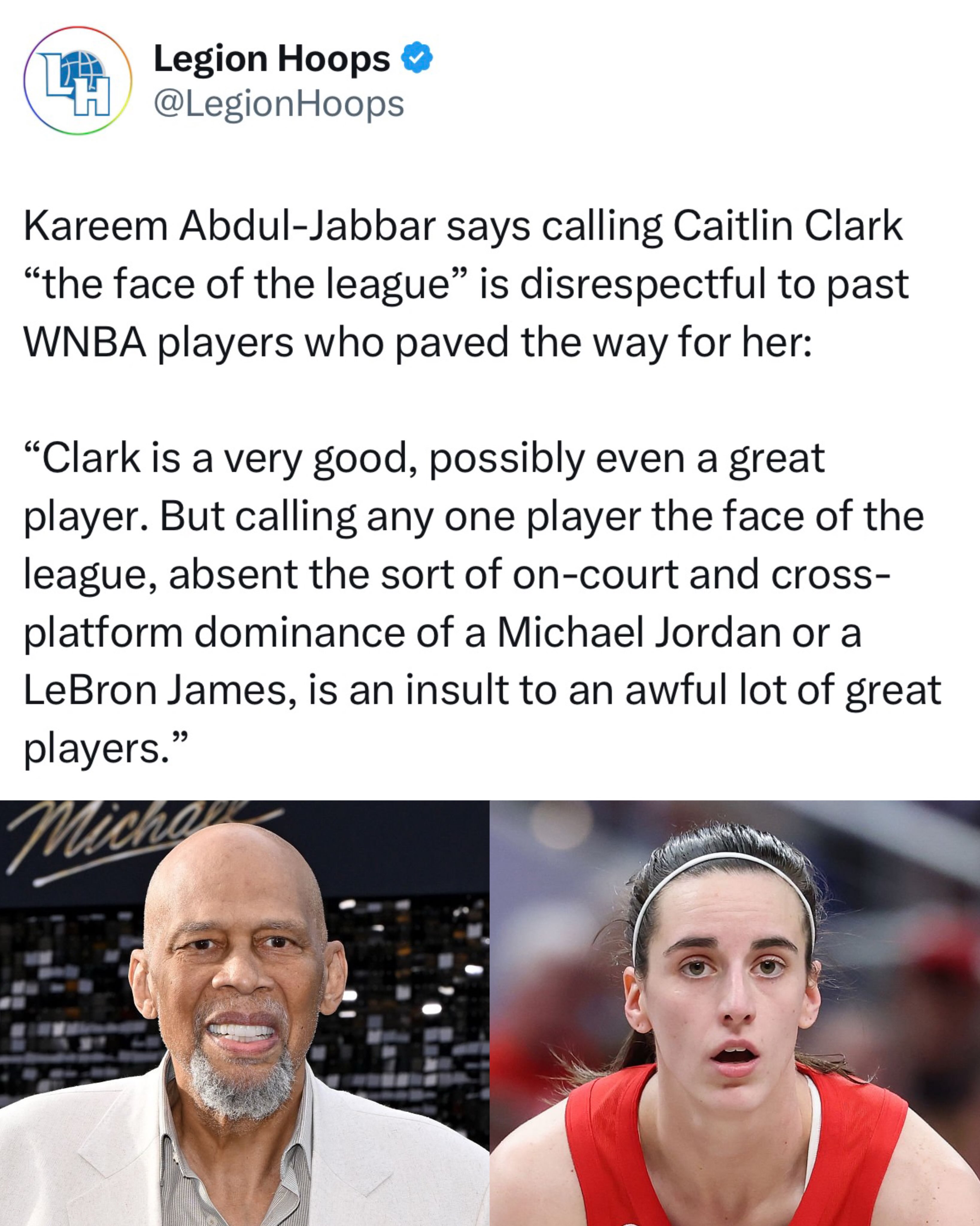 Is it disrespectful to call Caitlin Clark the face of the WNBA? 🤨

What do you think about Kareem’s take?
