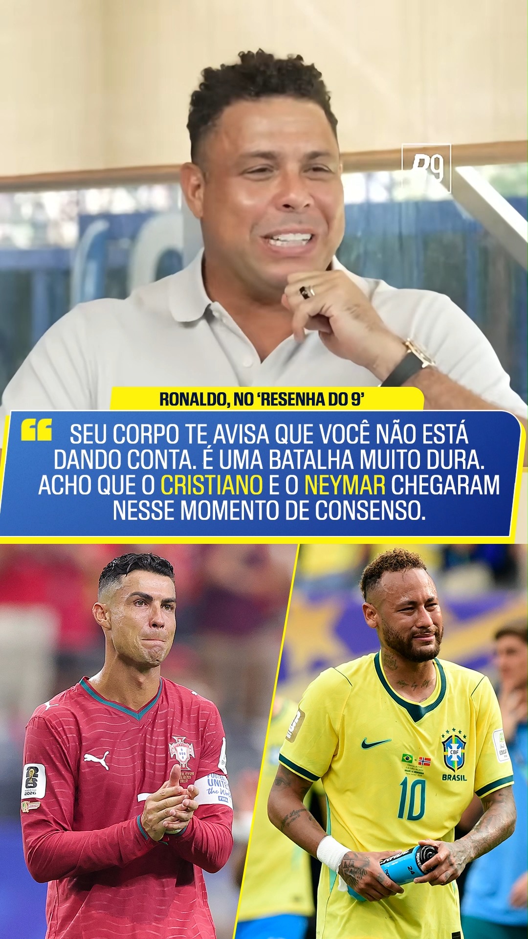 "O CORPO DECIDE!" 😕 Ronaldo fala sobre o adeus de Neymar e Cristiano Ronaldo da Copa do Mundo. O ex-jogador explicou que o próprio corpo avisa quando é hora de parar e que essa é uma dura batalha entre o físico e o mental do atleta!

📹  @ronaldo
#ESPN2026 #FIFAWorldCup #CR7 #Neymar