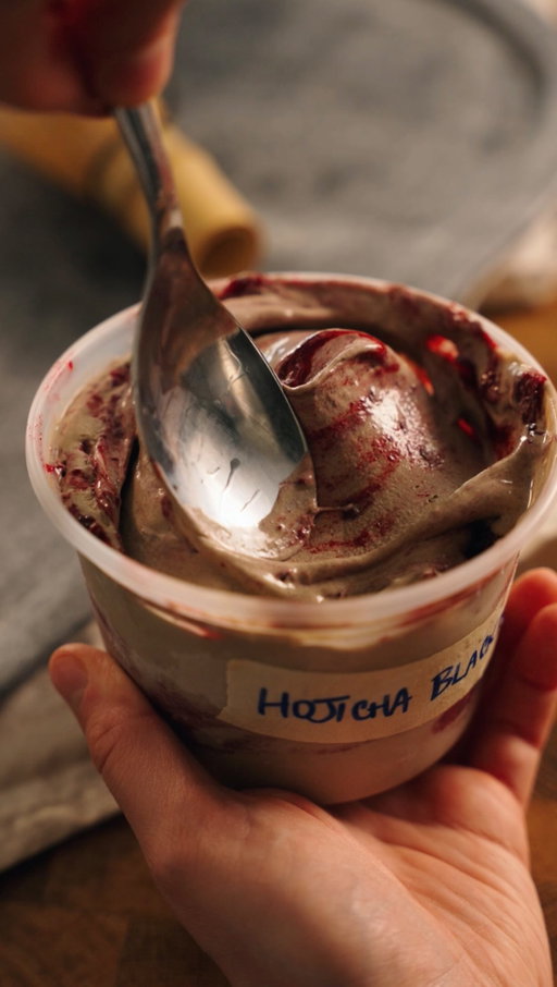 Hojicha Blackberry Swirl Ice cream —in my new ice cream machine! A silky custard base with a whopping 30g of hojicha powder. 
I regret to inform you the Musso Lussino is indeed worth the $$$ spend. 
Second best thing I spent money on recently 🏠 

For you, what is ALWAYS worth the price tag?
