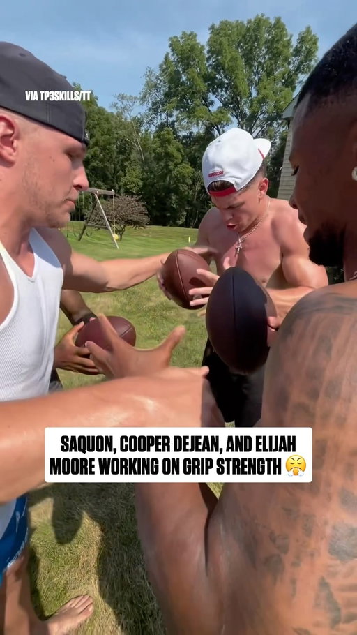 @saquon, @cooperdejean, and @elijahmoore working on that ball security 🤝 (via @tp3skills)