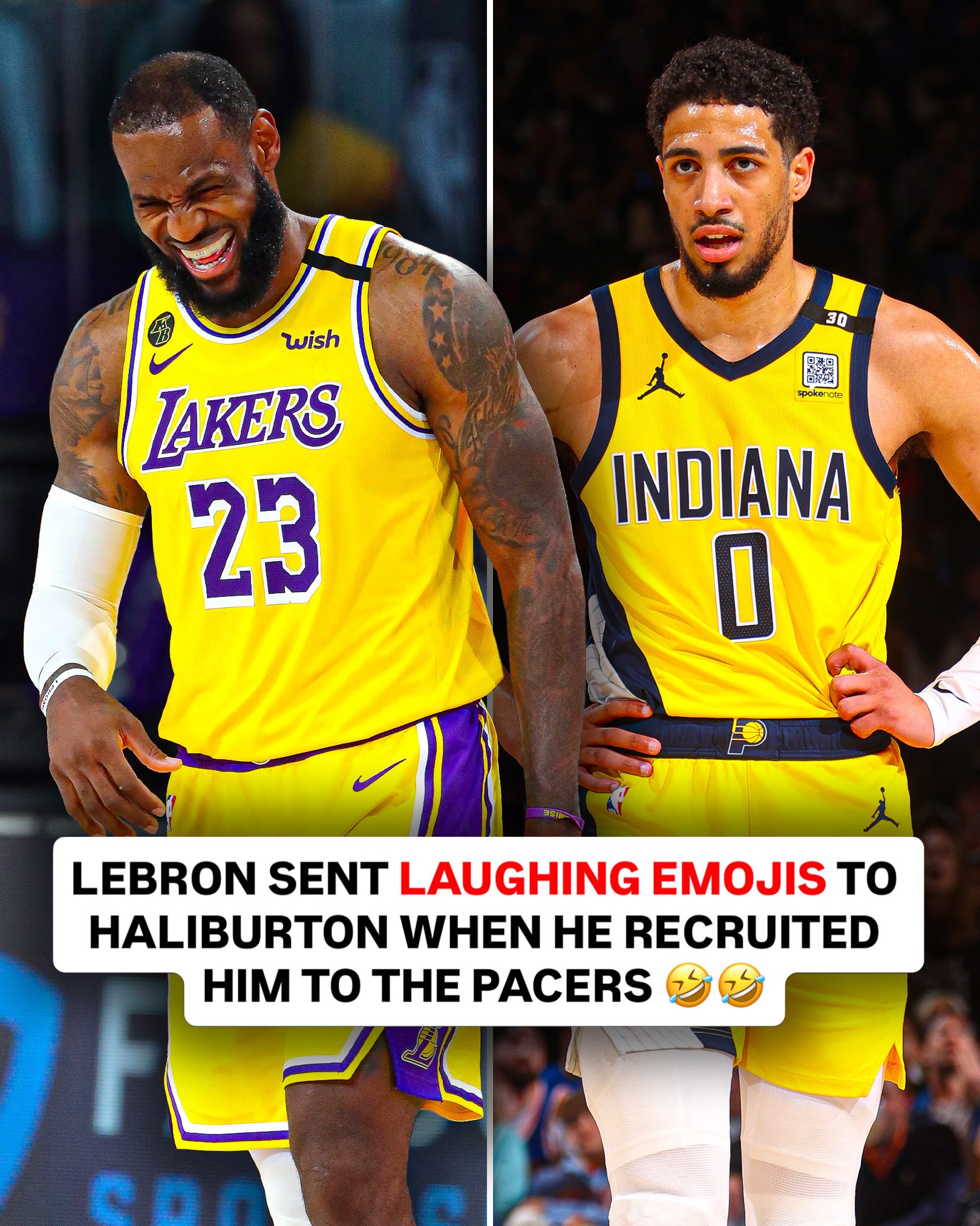 Tyrese Haliburton said that he sent a text message to LeBron James recruiting him to the Indiana Pacers and LeBron texted him back with “🤣🤣” 

Worth a try 😅