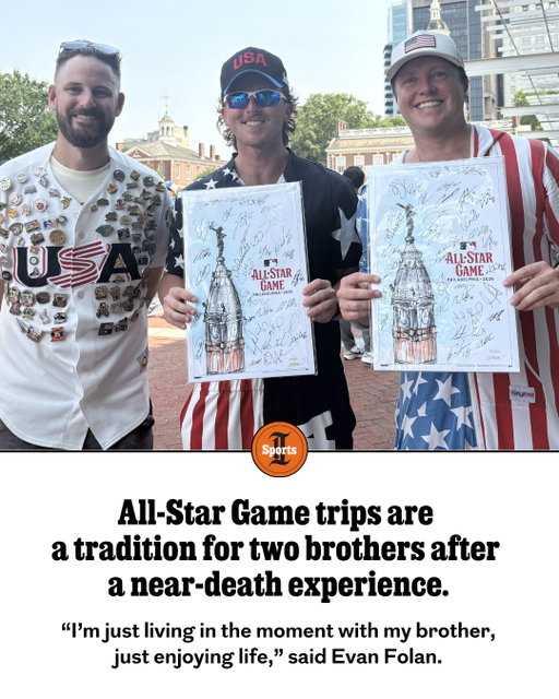 Independence Mall was completely transformed for MLB’s 2026 All-Star red carpet. A crowd of fans filled the center, lining the zigzag path as they watched the league’s best players arrive in style ahead of Tuesday night’s All-Star Game. And as each player passed, two brothers could be heard through it all.⁠
⁠
Evan, 33, and Brent Folan, 35, made the trip from Puerto Rico, where they’ve been living the past two years, to attend this year’s All-Star Weekend. The trip marked the fourth All-Star Weekend the Folans attended as part of their annual brothers’ trip, a tradition that began after Evan’s near-death experience in 2019.⁠
⁠
After a car crash, Evan was in a coma for two days, suffered a broken neck, a fractured skull, and significant brain bleeding. He was told that his memory would continue to decline and he’ll more than likely develop dementia.⁠
⁠
But since the incident, Evan and Brent have traveled across the globe to different sporting events. And this year has been busier than ever — they’ve flown to Milan and Cortina for the Winter Olympics, attended the World Baseball Classic in Puerto Rico, and hit four cities in their World Cup tour.⁠
⁠
“I have really bad short term memory. … I’m not going to remember this tomorrow. So I’m just living in the moment with my brother, just enjoying life because it was taken away from me momentarily,” said Evan.⁠
⁠
Learn more at the link in our bio.⁠
⁠
📝 & 📸 by Ariel Simpson / Staff
