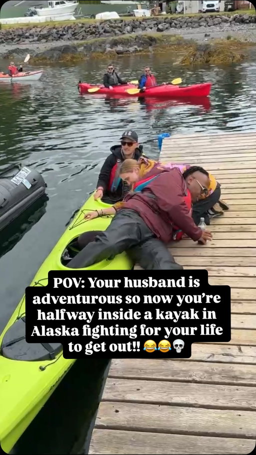 POV: Your husband is adventurous so now you’re halfway inside a kayak in Alaska fighting for your life to get out!! 😂😂💀
