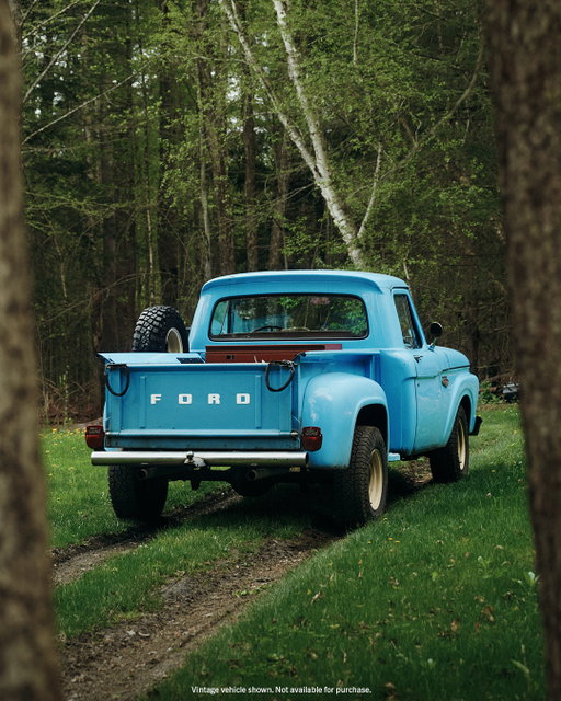 This blue 1965 Ford F-100 is right at home on a dirt path in the woods.