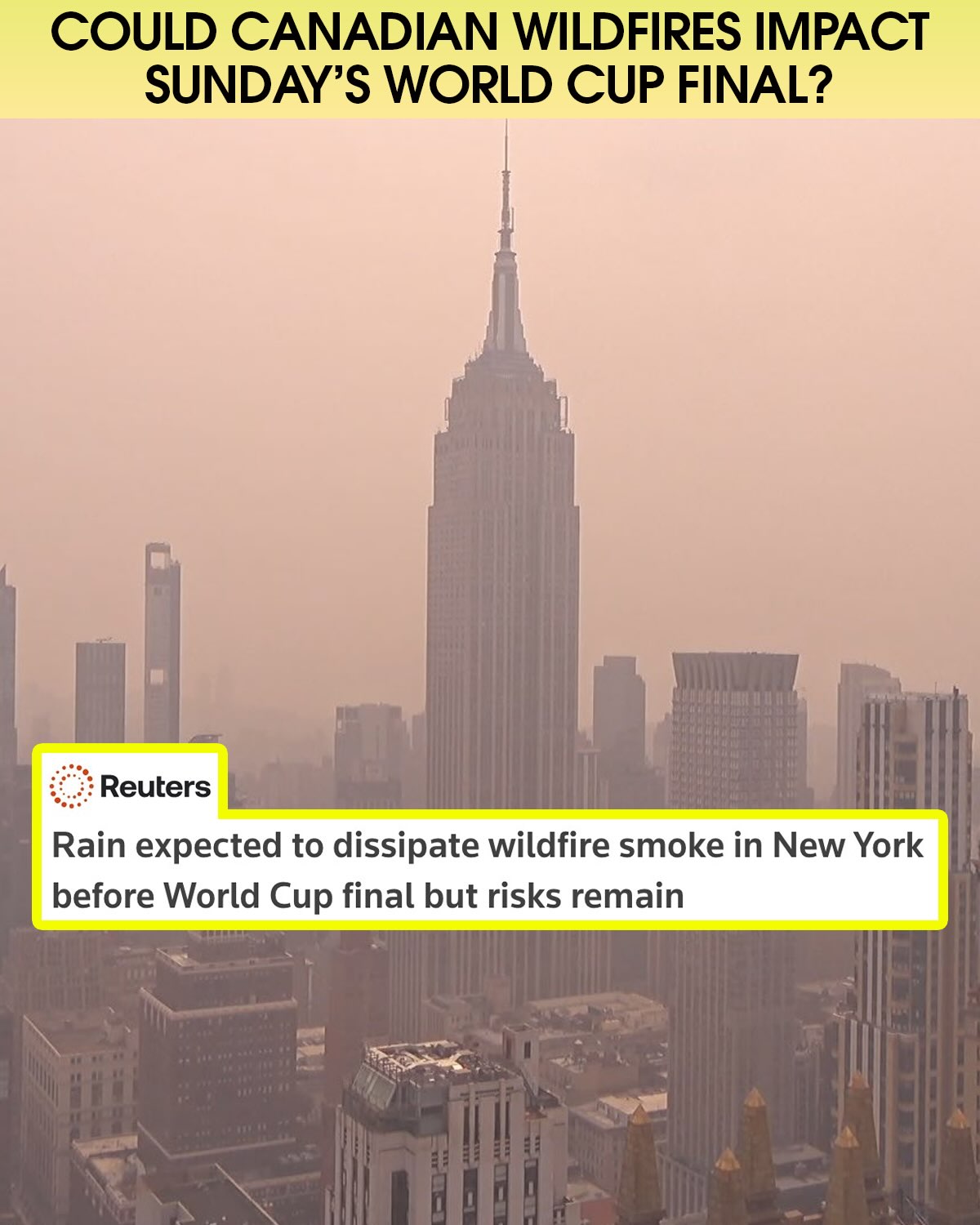 Smoke from Canadian wildfires has led to professional matches in the U.S. being rescheduled, but is expected to dissipate ahead of Sunday’s World Cup final, according to Reuters.

Per the news agency, while air quality in New Jersey on Thursday was rated as "unhealthy for sensitive groups" by several air-quality measurement platforms, a cold front is predicted to roll in over the weekend and help dissipate the haze. 

Thursday’s MLS match between the Chicago Fire and Vancouver Whitecaps was postponed due to air quality concerns, delaying the Chicago debut for Robert Lewandowski.