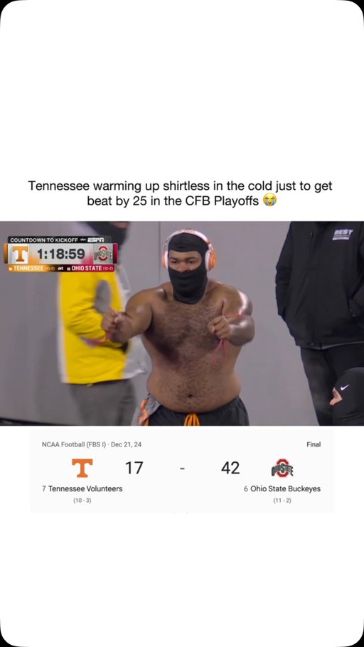 December 21, 2024. Ohio Stadium. Mid-20s and dropping. Tennessee’s O-line and D-line hit the field for warmups SHIRTLESS — a statement to the Buckeyes and the whole cold-weather narrative. NCAA rules forced them back into jerseys within minutes. Then the actual game started. Ohio State 42, Tennessee 17. Will Howard: 24/29, 311 yards, 2 TDs — both to freshman Jeremiah Smith. Howard later on Gruden’s QB Class: “What the f— are these clowns doing? At that moment, I knew we had them.” The Buckeyes rode that momentum all the way to a national title over Notre Dame. Statement made. Statement buried. 🌰