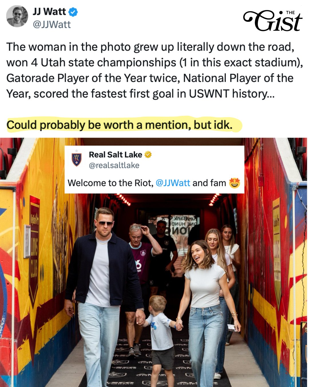 One thing about JJ Watt? He'll always stand up for Kealia. 👏⁣
⁣
After Real Salt Lake left former NWSL and USWNT star Kealia Watt out of a post, JJ made sure to set the record straight. 😌⁣
⁣
Fans are calling his response the definition of a supportive partner. ❤️⁣
⁣
Real Salt Lake later apologized, saying the omission was wrong, and updated the message to recognize Kealia's soccer career. 👏⁣
⁣
(c/o @jjwatt @realsaltlake @womensgamemib, tagging @kealiamae because she deserves it.)
⁣
#menssports #womenssports #soccer #football #family