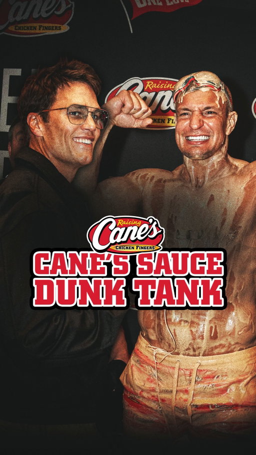 @gronk got dunked by @tombrady in 500 gallons of Cane’s Sauce. Only at @fanaticsfest X @raisingcanes