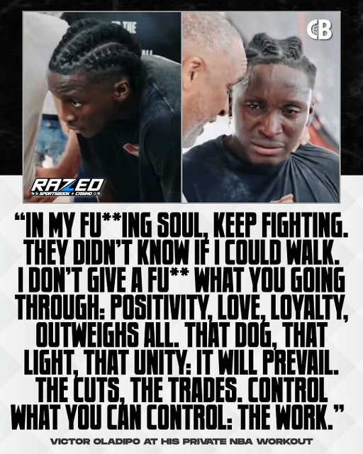 Victor Oladipo made an emotional speech at his private NBA workout: 

“In my fu**ing soul, keep fighting. They didn’t know if I could walk. I don’t give a fu** what you going through: positivity, love, loyalty, outweighs all. That dog, that light, that unity; it will prevail. The cuts, the trades. Control what you can control: the work.” 

Oladipo, 34, last played for the Miami Heat in 2022-23, before tearing his patellar tendon in his left knee that postseason. 

Who should sign him? 🤔