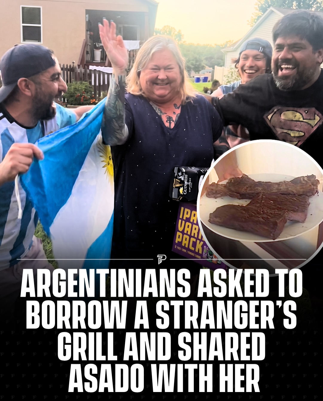 A group of Argentine fans in Kansas, United States, went viral after borrowing the grill from their neighbor to make a barbecue after a match of their national team.🍻🇺🇸🇦🇷🌎

As a thank you, they brought her a plate with the best meat, and the woman’s reaction was spectacular: she returned minutes later with beers to join and celebrate with them. 

Where there is an Argentine, there is a party, asado and a lot of good vibes.

Credit: @dani.stormborn_ 

#pubity #viral