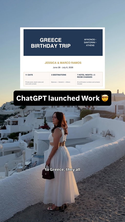 I used ChatGPT Work to plan my 10-day trip to Greece.
Including complex logistics like hotel room changes, ferries, and timezone differences.

Yes, I literally trust ChatGPT with all of my life decisions, so I’m VERY excited about the ChatGPT Work launch.
ChatGPT Work is a brand-new agent inside ChatGPT, built for bigger, multi-step projects and powered by GPT-5.6. It can gather context from your apps and files, plan out multiple steps, and take action on your behalf while you remain in control.
Here’s exactly how I used ChatGPT Work to plan it:

↳ I started by telling it my exact requirements: sunset views, supreme bougieness, walkable locations. Then I had it research hotels and restaurants and read through real reviews to vet every single option.

↳ Then I booked everything myself. I had tons of disorganized confirmation emails for hotels, flights, ferries, excursions, dinner reservations.

↳ I used ChatGPT Work connect to my Gmail, pull every single confirmation, and build me a full PDF itinerary organized by day including flights, ferry times, hotel check-ins, and dinner times.
My husband and I used that doc every single day of the trip to keep us both on the same page and make sure we didn’t miss anything important.
AI didn’t just save me time here. It made the trip significantly better because I had the information to make smarter decisions before I ever even booked anything.
ChatGPT Work is available today in ChatGPT on web and mobile for Pro, Enterprise, and Edu, with Plus and Business rolling out over the next few days. In the ChatGPT desktop app, Chat, Work, and Codex are available on every plan, including Free, and is available globally to download on Windows and Mac.

Comment ”Work” and I’ll send you the download link to try ChatGPT Work yourself!

@chatgpt #ChatGPT_Partner