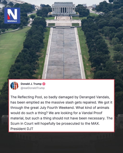 President Trump says repairs are underway at the Reflecting Pool after vandalism left a large slash in the surface, and added that those responsible "will hopefully be prosecuted to the MAX."