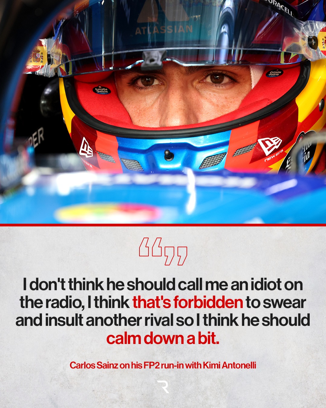 🗣️ "I think he felt like I impeded him, I don't feel like I did."

Carlos Sainz responds after Kimi Antonelli called him an "idiot" over team radio in FP2 after a on-track run-in.