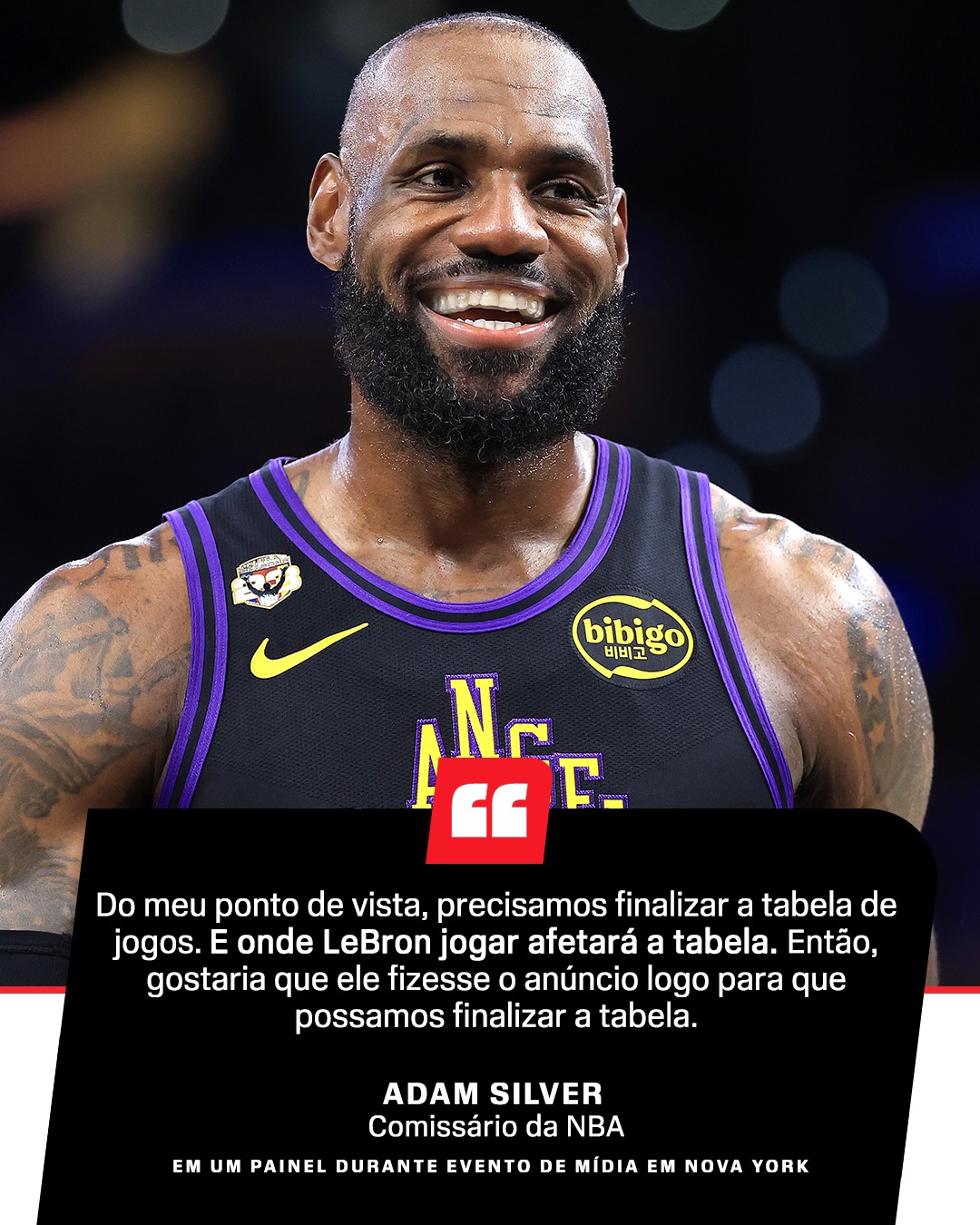 DECIDE AÍ, LEBRON HAHA! 👀🏀

A indefinição sobre o futuro de LeBron James já impacta até a organização da próxima temporada da NBA. O comissário Adam Silver revelou que a liga ainda não consegue fechar a tabela de jogos porque a decisão do astro pode alterar a programação.

"Precisamos finalizar a tabela de jogos. E onde LeBron jogar afetará a tabela. Então, gostaria que ele fizesse o anúncio logo para que possamos finalizar a tabela", afirmou Silver. 

Qual deve ser o próximo time de LeBron James? 🤔

#NBANaESPN #LeBronJames #NBA