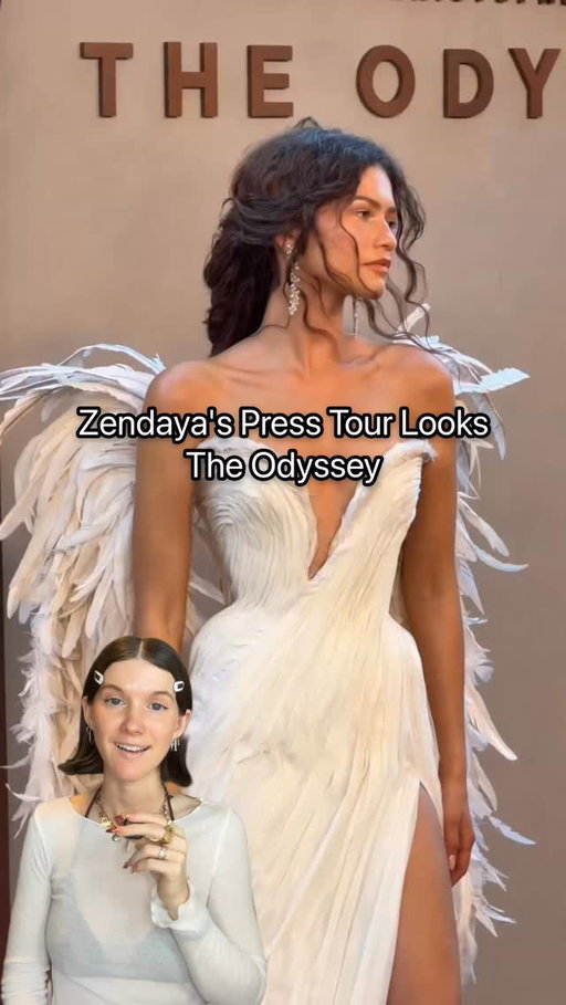 Zendaya just gave us one of the greatest movie press tours of all time.

Styled by Law Roach, with makeup by Ernesto Casillas and hair by Coree Moreno, every look on The Odyssey press tour extended the world of Athena and Greek mythology without ever feeling like a costume.

As Law Roach put it: “We adopted method dressing. The looks served as an extension of the wardrobe from the movie. It was intentional and purposeful.”

Every stop referenced mythology in a different way:
• Custom Jacquemus — white draped goddess gown with an attached headscarf, open back, and ancient-inspired gold medallion earrings.
• Trussardi Spring 2006 — flowing Grecian-inspired archival gown with soft draping.
• Schiaparelli Haute Couture Fall 2026 — sculptural white couture gown inspired by classical marble statues.
• Givenchy Haute Couture Spring/Summer 1997 (Alexander McQueen) — archival white couture dress with dramatic draped sleeves and mythological-inspired silhouette.
• Custom Louis Vuitton (Nicolas Ghesquière) — custom white Grecian-inspired gown with classical draping and sculptural volume.
• Alberta Ferretti Spring 2008 — archival white mini dress with cascading draped fringe, paired with gladiator heels.
• Pamella Roland Fall 2026 — flowing beige silk chiffon goddess gown with ethereal Grecian draping.
• Custom Jitrois — sculptural metallic gold leather dress inspired by ancient armor.
• Zuhair Murad Haute Couture Spring 2013 — archival couture look with intricate gold embellishment.
• Matières Fécales Fall 2025 Haute Couture – “Ange Dress” — the dramatic winged couture finale that Law Roach reportedly asked the designers to hold specifically for Zendaya over a year in advance.

which is your fav?
