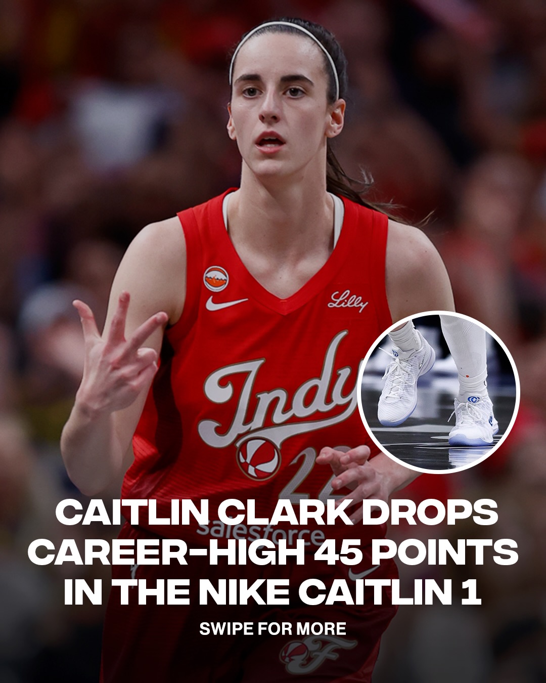 The Nike Caitlin 1 is already making history 🔥

Caitlin Clark didn’t just drop a career-high 45 points, she also set an Indiana Fever franchise record, becomes the first player in WNBA history to record at 40 points and 10 assists in a single game and the fastest player in WNBA history to reach 200 career threes. 

📸: Getty (slides 1, 3, & 4) / 🎥: @nikebasketball