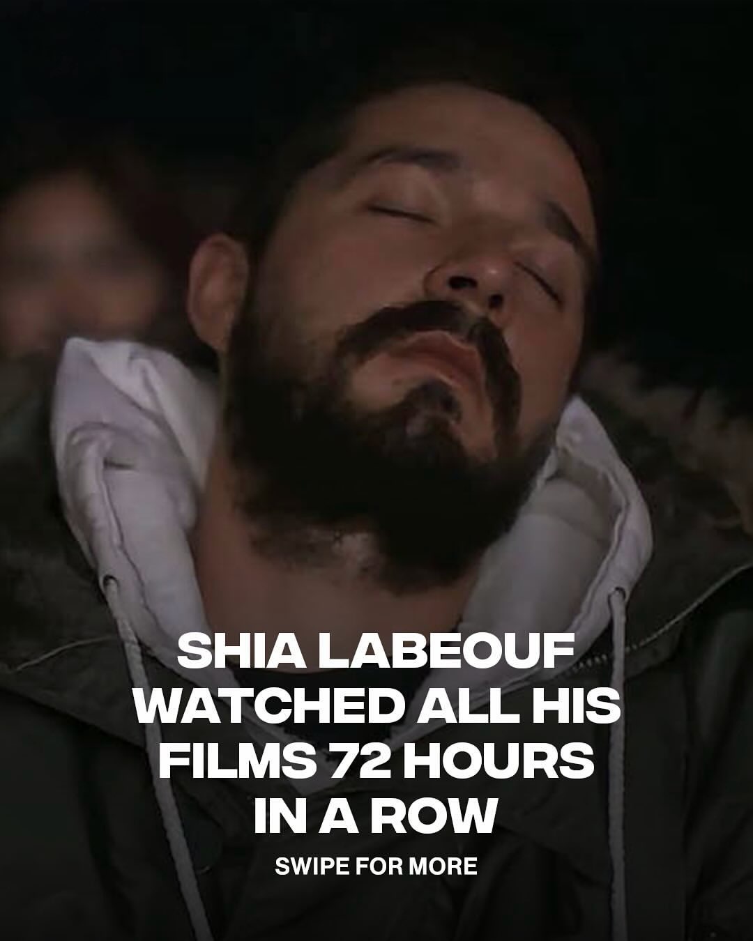 72 hours of dedication 🎬

Back in 2015, Shia LaBeouf turned a New York City theater into performance art, watching every film from his career for 72 straight hours. With only 10 minute breaks, he ate, slept, and stayed in the same seat while a revolving audience watched alongside him.