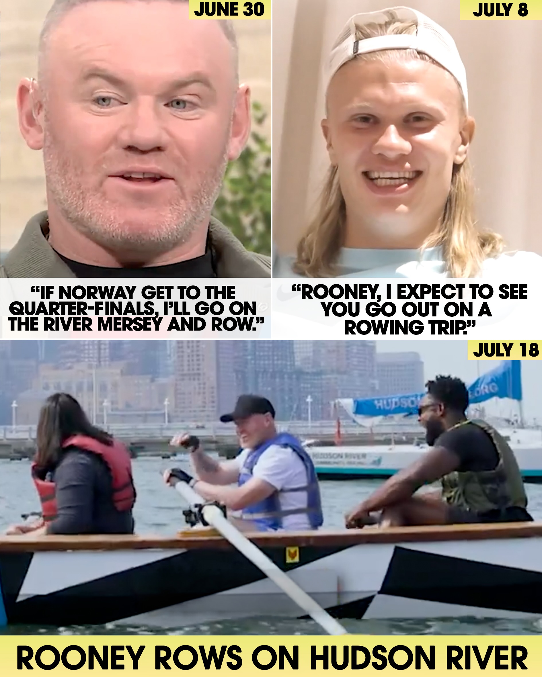 Wayne Rooney is a man of his word 🤝

The former English striker doubted Norway’s ability to beat Brazil and make it to the quarter-finals. Erling Haaland called him out and Rooney stuck to his word, swapping the Mersey for the Hudson River in New York City. He was also joined by Micah Richards and Joe Hart 🚣