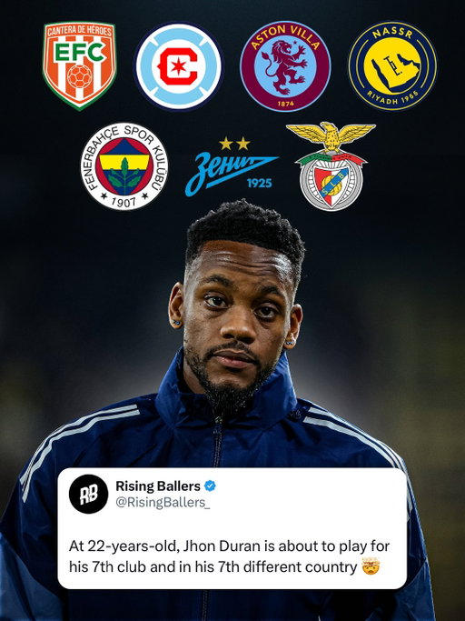 This is mad… Jhon Duran is set to join Benfica on loan, which will already become his 7th club at just 22-years-old 🤯📈

2019-2021: Envigado 🇨🇴
2022-2023: Chicago Fire 🇺🇸
2023-2025: Aston Villa 🏴󠁧󠁢󠁥󠁮󠁧󠁿
2025-Now: Al-Nassr 🇸🇦
2025-2026 (loan): Fenerbahçe 🇹🇷
2025-2026 (loan): Zenit Saint Petersburg 🇷🇺
NOW: Loan to Benfica 🇵🇹

Journeyman at 22 is crazy. 7 clubs, 7 countries… already 😭