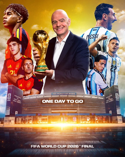 Falta un día para la final de la Copa Mundial de la FIFA. 🏆

De 48 selecciones a solo dos. Ha llegado el momento.

Mucha suerte a 🇪🇸 @sefutbol y a 🇦🇷 @afaseleccion, que se preparan para competir por el mayor trofeo del fútbol. ❤️ 

One day until the FIFA World Cup Final. 🏆

From 48 teams down to two. This is the moment. 

Good luck to 🇪🇸 @sefutbol and 🇦🇷 @afaseleccion as you prepare to compete for football’s greatest prize. ❤ 

#FootballUnitesTheWorld