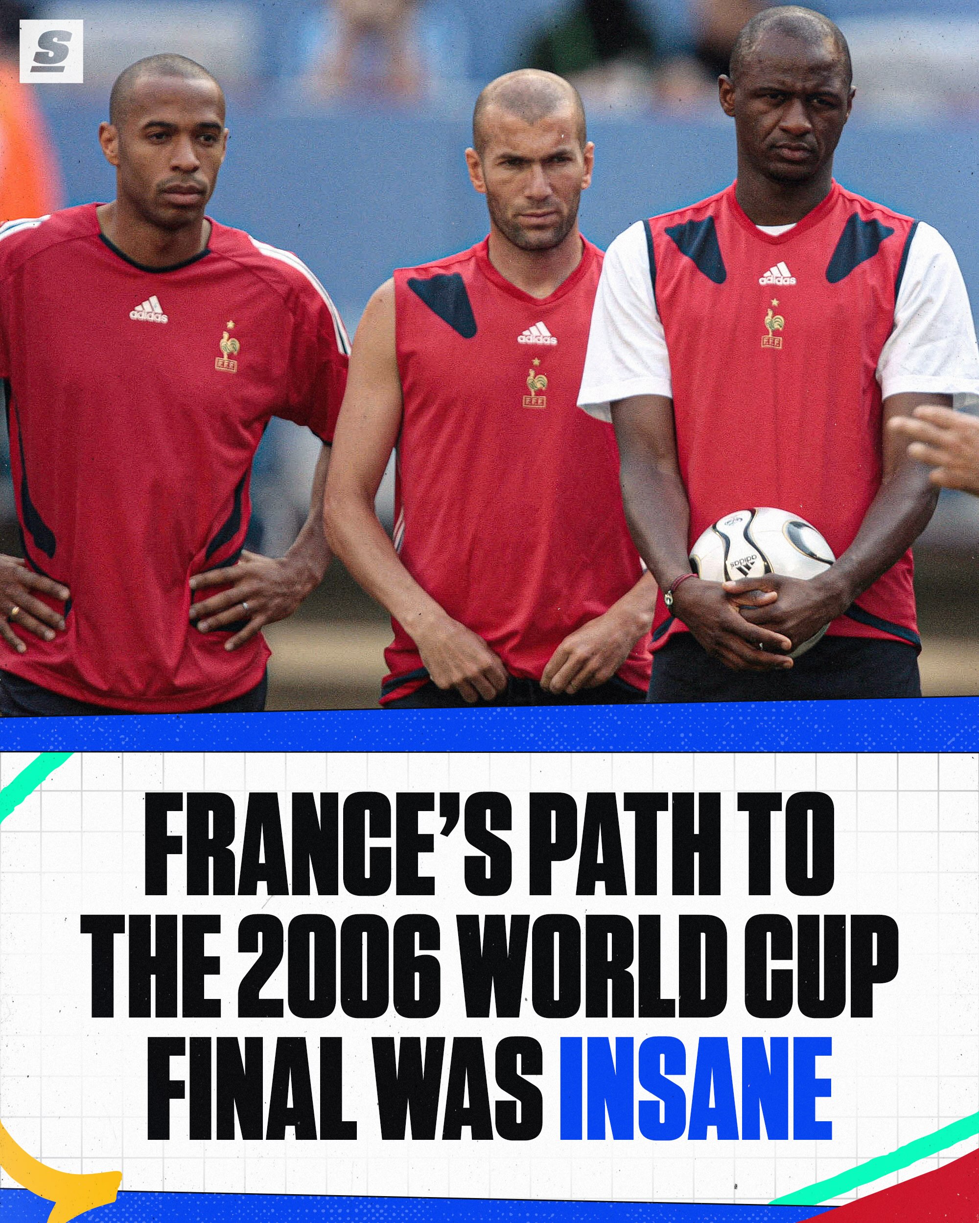 France was one match away from completing one of the greatest knockout runs ever. 🤯🇫🇷

Defeated a Spain team that featured Raul, Villa, Alonso, Xavi, Fabregas, Puyol and Ramos who would go on to win the 2010 WC. 👊

Ronaldo and Ronaldinho’s final World Cup game for Brazil. 😢

Les Bleus defeated Portugal in Cristiano Ronaldo’s first-ever World Cup. 💪 

Zidane’s infamous headbutt and the red card that followed led to France’s demise in the Final. 💔