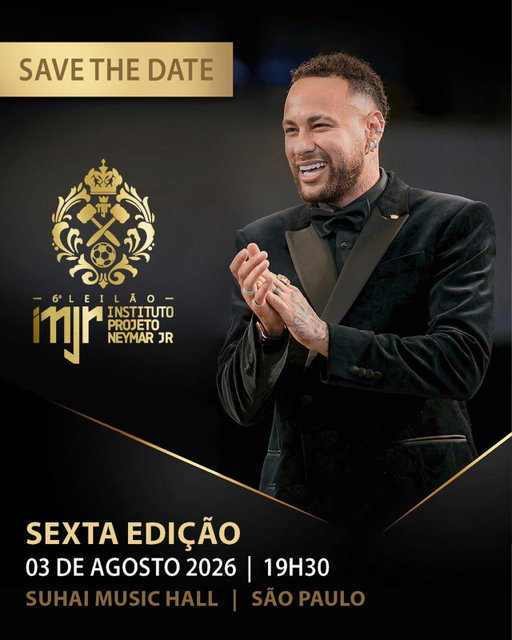 Save the date! O 6º Leilão do Instituto Projeto Neymar Jr. acontece no dia 03 de agosto, no Suhai Music Hall, em São Paulo, celebrando os 11 anos do projeto. 

Em mais uma edição especial, reuniremos parceiros, patrocinadores e convidados para uma noite dedicada à solidariedade, ao compromisso social e à transformação de vidas. O @leilaoinstititoneymarjr representa a união de pessoas e empresas que acreditam no poder das oportunidades para construir um futuro melhor para milhares de crianças, adolescentes e suas famílias.

O evento é exclusivo para patrocinadores e convidados, e sua representação e comercialização são realizadas exclusivamente pela equipe do Instituto Projeto Neymar Jr., em parceria com a G/Sarti Consultoria e a WNB Produções.

—

Save the date! The 6th Instituto Projeto Neymar Jr. Charity Auction will take place on August 3, at Suhai Music Hall, in São Paulo, celebrating the 11th anniversary of the Instituto.

In another special edition, we will bring together partners, sponsors, and invited guests for an evening dedicated to solidarity, social commitment, and transforming lives. The @leilaoinstititoneymarjr represents the coming together of people and companies who believe in the power of opportunity to build a brighter future for thousands of children, teenagers, and their families.

The event is exclusive to sponsors and invited guests. Its representation and commercial management are carried out exclusively by the Instituto Projeto Neymar Jr. team, in partnership with G/Sarti Consultoria and WNB Produções.

#InstitutoNeymarJr #NeymarJr #LeilaoINJR #ProjetoSocial