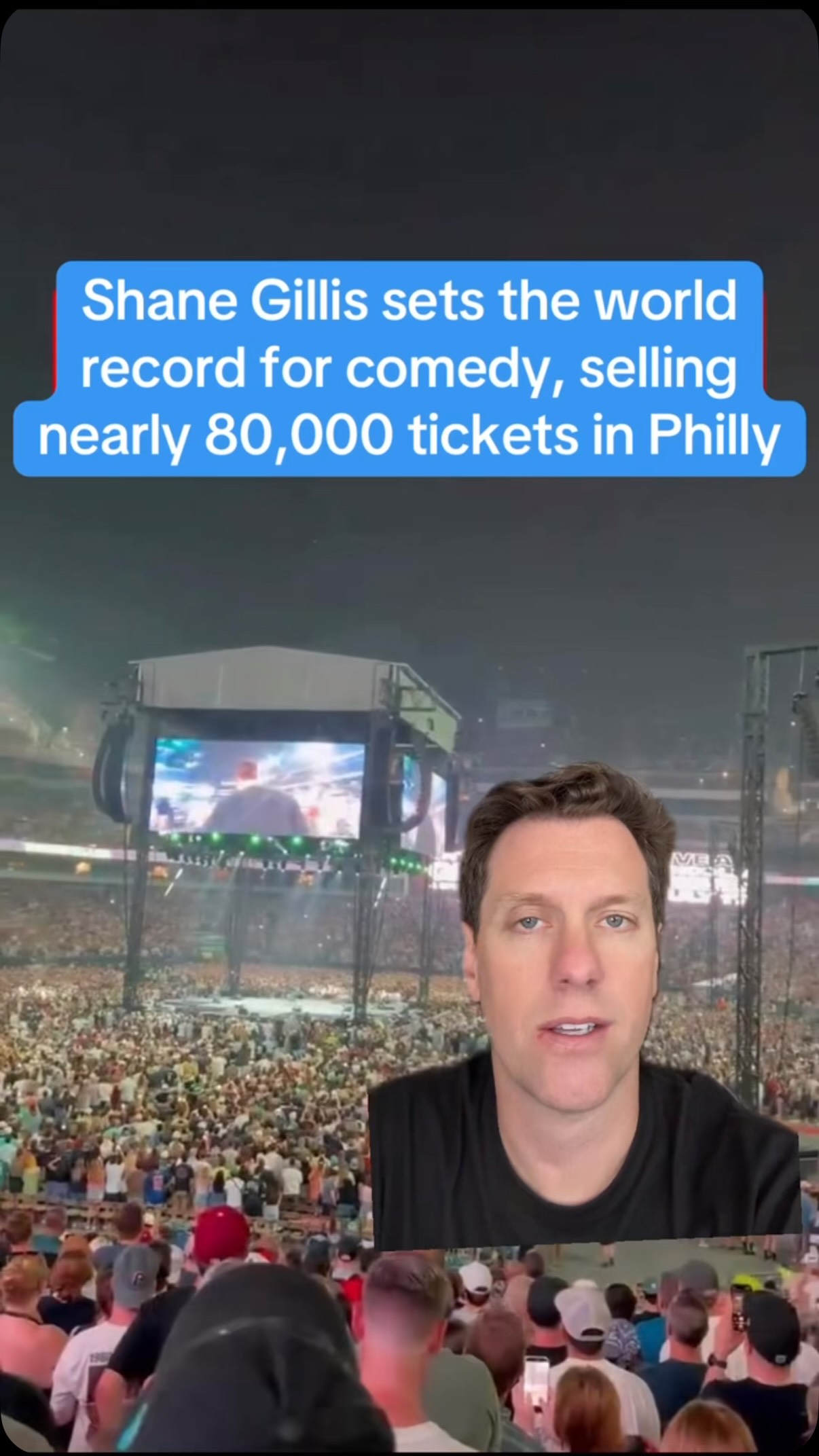 Shane Gillis sets the world record for comedy, selling nearly 80,000 tickets in Philly. I can’t even comprehend this many people loving and supporting you for your jokes and observations. Making a few mil in a night is not too shabby either

One report said he sold 77,212 tickets. When me and Feits were on tour a million years ago, we were happy if we sold 212 lolol. Shane just tacked on an extra 70,000 no big deal