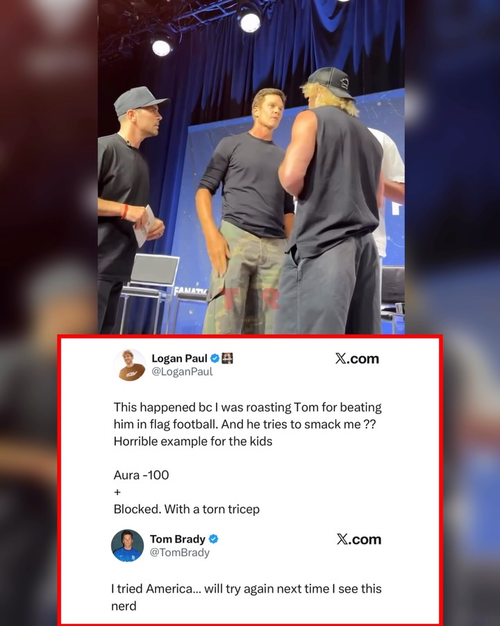 Oop! Things got heated between #TomBrady and #LoganPaul at Fanatics Fest. After sharing the stage for a panel, the two got into a tense exchange that ended with Brady slapping Paul across the face before others stepped in to separate them. 👀
_____________________________________
Their back-and-forth has been brewing for months after Logan claimed his WWE career made him as athletic as NFL players, sparking an ongoing war of words between the two. (@fanatics) ✍🏾: #TSRStaffLG