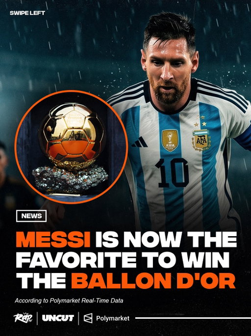 Lionel Messi is currently the favorite to win the Ballon d'Or, with a 42% chance, according to real-time @Polymarket data‼️

Lamine Yamal is right on his tail with the two facing off in the Final on Sunday 👀

Who do y'all think deserves it⁉️🏆

New users to the Polymarket app can get $50 with code “RAP”🔥

#polymarketpartner