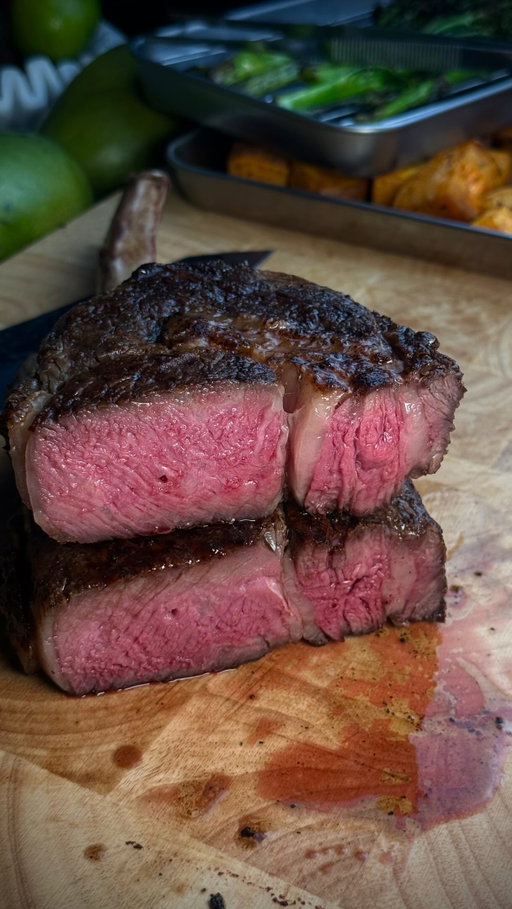 Here you have 6 simple but golden rules for thick cuts (4cm+), forget the thin-steak method. 

Do this:
1. Dry brine overnight: Salt heavily on a rack, uncovered in the fridge 12-24h. Seasons deep + dries surface for crust.

2. Reverse sear: Low at 110C / 225F until 10-15C below target, then sear ripping hot 60-90 sec per side. No grey band.

3. Bone-dry + screaming hot pan: Pat totally dry. Cast iron smoking hot, light oil, don’t move it. Baste with butter/garlic/thyme at the end.

4. Render the fat first: Stand it on the fat cap for 1 min before laying flat.

5. Temperature, not time: Use a thermometer. After sear pull at:
•  Medium-rare: 54C / 129F
•  Medium: 58C / 136F
It climbs 2-3C after.

6. Rest on a rack: 10 min, not on a plate. Then flaky salt and slice against the grain. 

Try this and you will change your steak game 👌🏽

#reels #explore #steak #tomahawk #reversesear