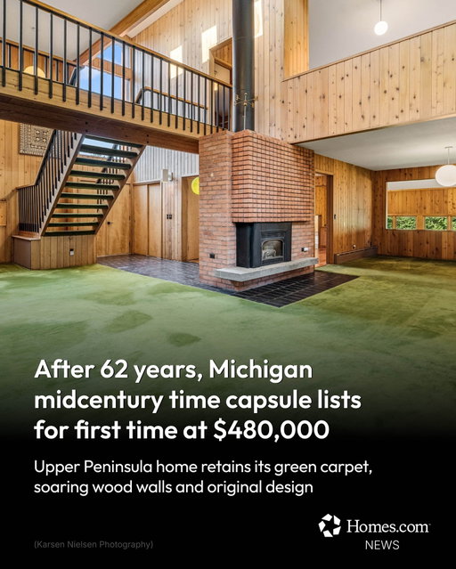 Love it or hate it: would you keep the original green carpet? 🏡 A preserved midcentury-modern home in Michigan's Upper Peninsula has hit the market for the first time in its 62-year history, featuring original design elements including green wool carpeting, soaring wood-clad ceilings, a suspended catwalk and a distinctive butterfly roof. 

Current owner Michele Dupras, who fell in love with the home's untouched 1960s character and spent years restoring its infrastructure while preserving its design, is now seeking a new steward for the $480,000 architectural gem.

Read more at the link in our bio.