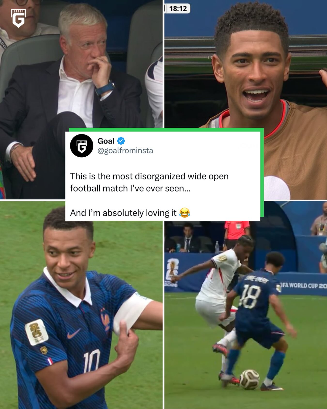 France losing 4-0 at half time against a heavily rotated England squad was NOT on our bingo card...

This match looks like something straight out of a schoolyard, no defending, no organization, no intensity 😅

Bukayo Saka is on a hat trick, Harry Kane and Jude Bellingham are both also not even on the pitch 😳

It can get even WORSE for the French...