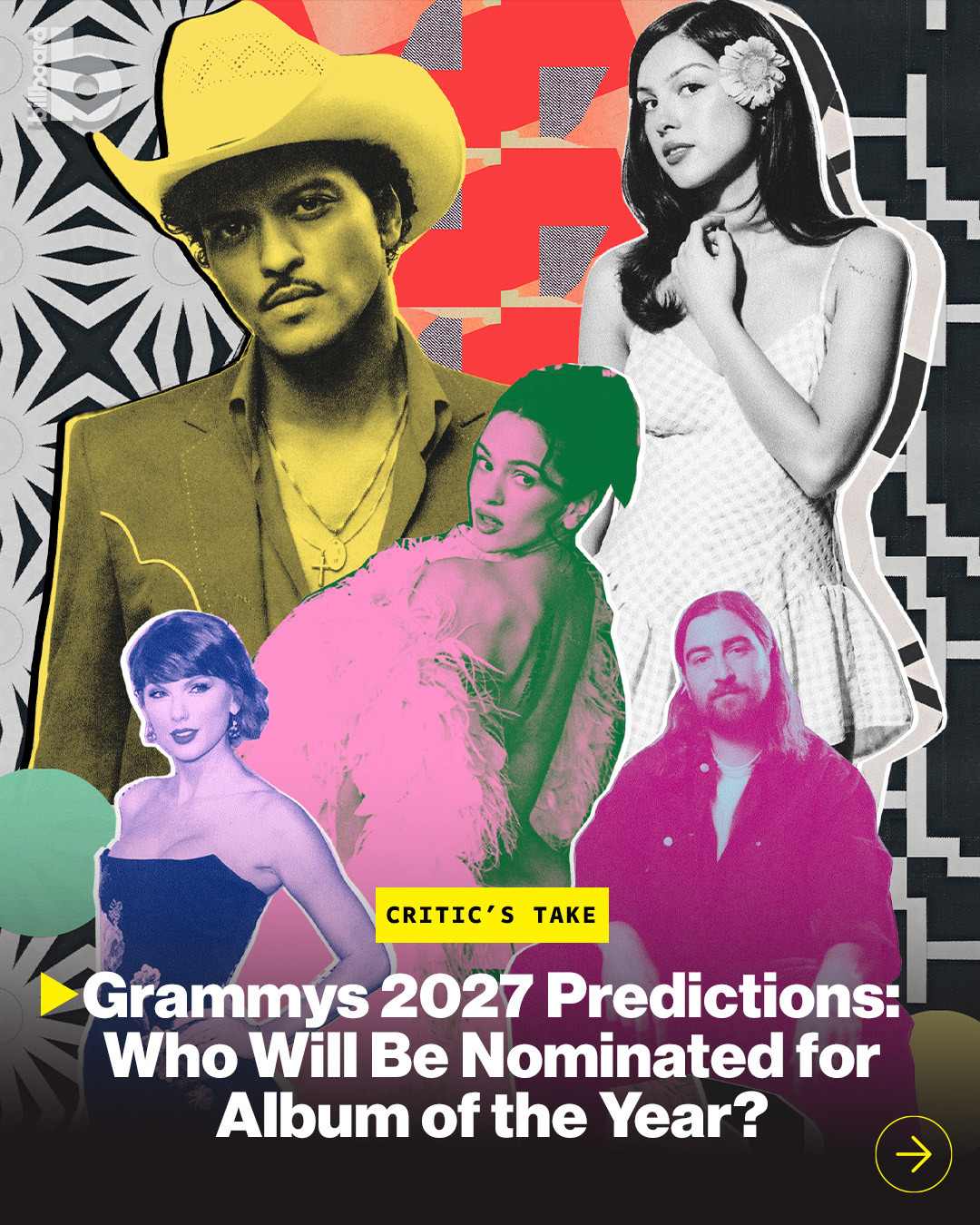 Who will score an Album of the Year nomination at the 2027 Grammys? 🏆⁠
⁠
Billboard is taking a first look at some of the top contenders at the 69th annual Grammy Awards, just over a month before the eligibility period closes at the end of August. From Taylor Swift to Olivia Rodrigo, the field is as competitive as ever.⁠
⁠
Find all our first predictions at the link in bio.⁠
⁠
📸: Gwen Trannoy, Patrick McCormack, Caylee Robillard, John V. Esparza, Aliyah Otchere, Nick Walker
