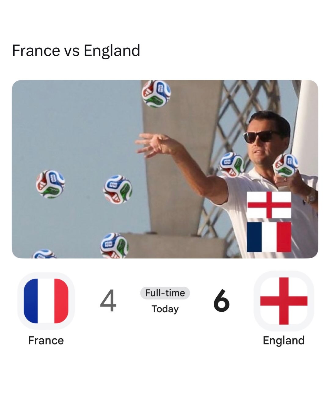 England remembered they invented the sport for about 90 minutes 😭

England and France turned the World Cup third place playoff into one of the wildest matches of the tournament, with England coming away 6 to 4 in a game that featured 10 total goals. Bukayo Saka stole the show with a hat trick while Jude Bellingham added another, helping England secure their best World Cup finish since 1966 despite both teams entering the match after painful semifinal exits. 

This meme perfectly sums up how it felt watching England score from seemingly every angle. Every time France started building momentum, another England attack somehow ended with the ball in the back of the net. It stopped feeling like a football match and started looking like someone playing FIFA on beginner difficulty with the shot power slider turned all the way up.