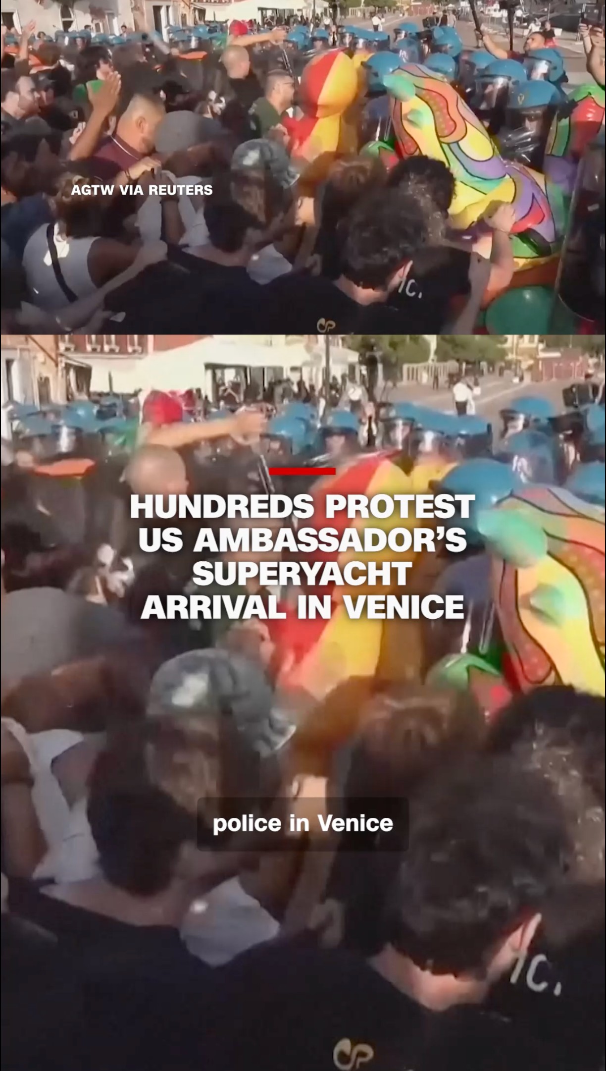 Video shows a crowd of protesters chanting and holding signs reading “Make America go away” as the United States Ambassador to Italy, Tilman Fertitta, arrived in Venice on board a superyacht on Friday. The US Mission in Italy says Fertitta is personally funding a tour across the country to celebrate the 250th anniversary of American independence.

Tap the link in bio for the latest.