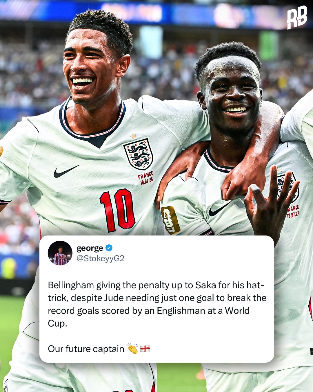 You just can’t hate Jude Bellingham man… When England got a late penalty, he gave Saka the ball to take the pen so that he could get his hattrick. 

He gave Saka the penalty despite only needing one goal to break the record for goals scored by an England player at a World Cup. Saka scored and Jude got a late chance where he bagged an incredible winner, meaning he was able to break the record. A future captain in the making. What a guy ❤️🏴󠁧󠁢󠁥󠁮󠁧󠁿
