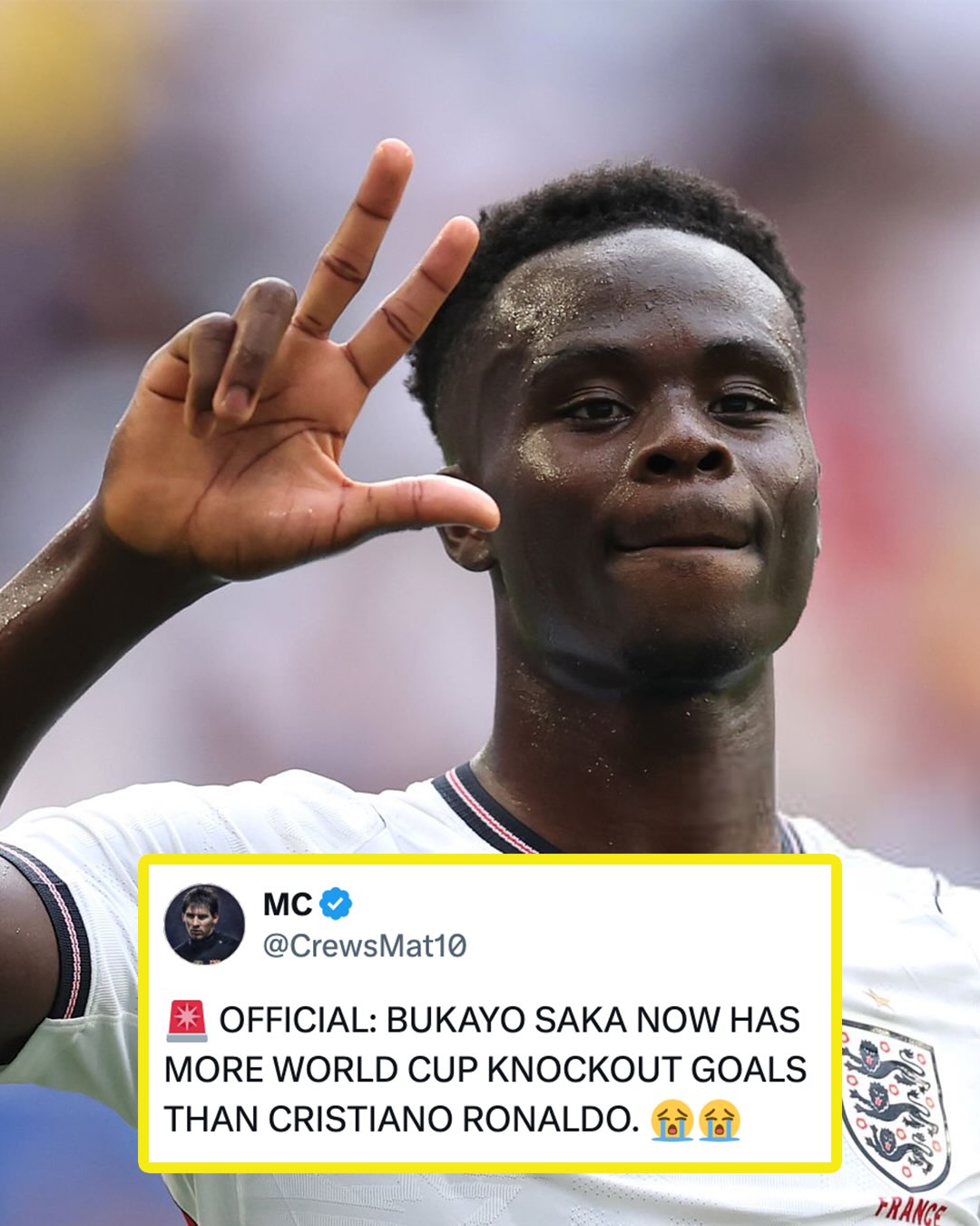 Bukayo Saka has four times as many goals in the World Cup knockouts (4) as Cristiano Ronaldo 🤯

The England attacker’s hat-trick in the World Cup third-place match was the first by an Englishman outside of the group stage since Geoff Hurst in 1966 👀
