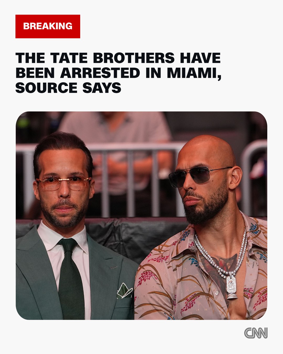 US Marshals have arrested Andrew and Tristan Tate in Miami on a sealed warrant, according to a federal law enforcement source.

CNN has reached out to the Department of Justice and an attorney representing the brothers.

They both face multiple charges, including rape and assault, the UK Crown Prosecution Service said in a statement.

Criminal charges against the brothers will be unsealed next week, the source said, and they will appear in federal court in Miami.

Read more at the link in our bio. 

📸: Julia Demaree Nikhinson/AP/File