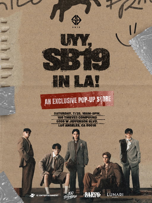 UY, SB19 in LA! 🇵🇭

Filipino pride has arrived in Los Angeles.

Join us on July 25 at the 100 Thieves Compound for our exclusive pop-up! 

Register now: https://partiful.com/e/PekJwt46UimXsmymbNIV

#SB19 #UySB19 🐐