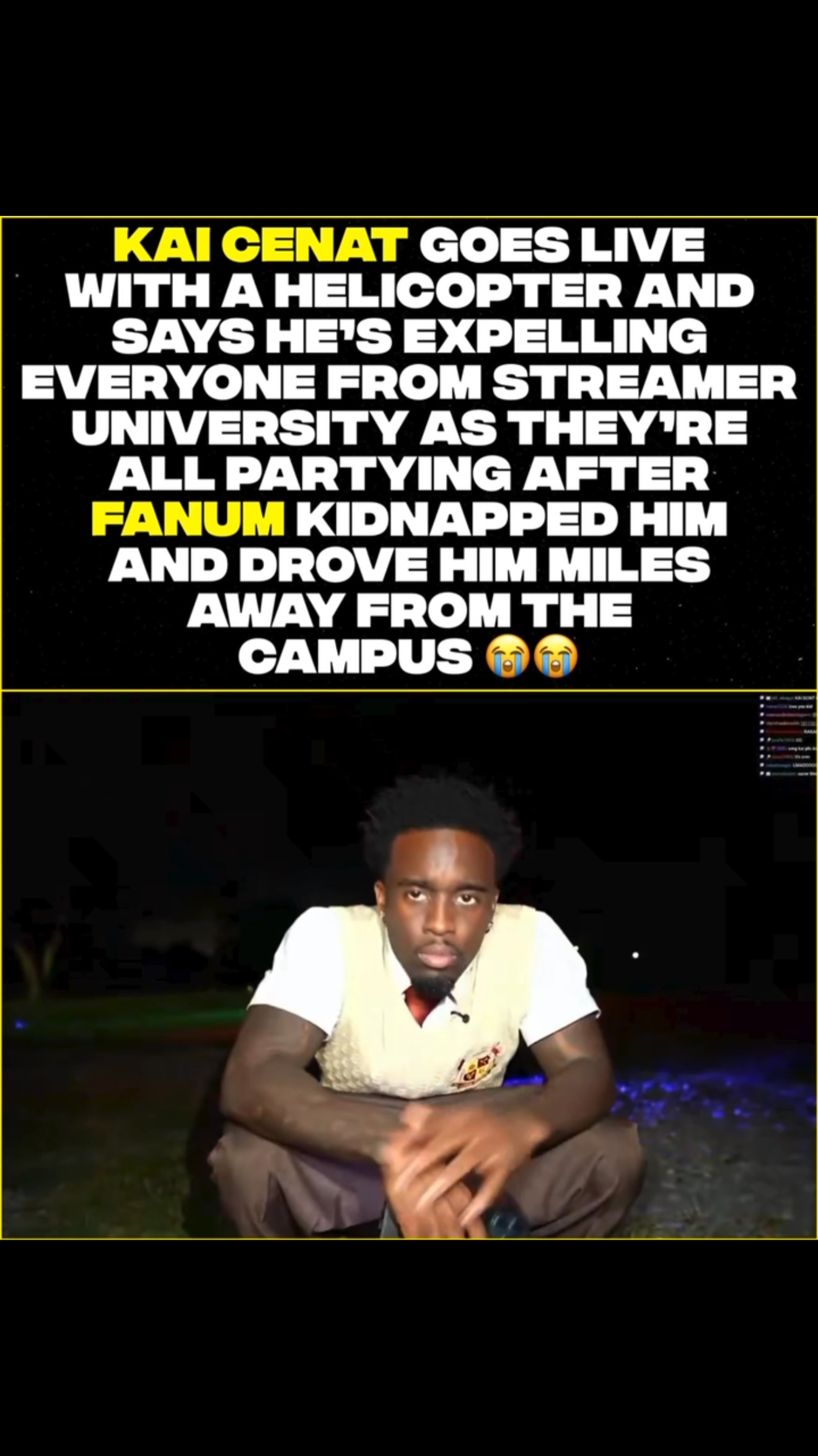 #KaiCenat goes live with a helicopter and says he’s expelling everyone from Streamer University as they’re all partying after #Fanum kidnapped him and drove him miles away from the campus 😭😭! #Viral #Explore #Explorepage
