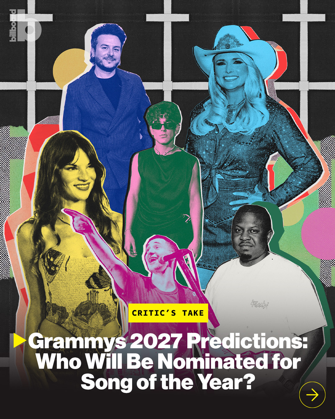 Who will score a Song of the Year nomination at the 2027 Grammys? 🏆⁠
⁠
Billboard is taking a first look at some of the top contenders at the 69th annual Grammy Awards, from Taylor Swift’s blockbuster soundtrack to RAYE’s jazzy romantic sensation.⁠
⁠
Find all our first predictions at the link in bio.⁠
⁠
📸: Caylee Robillard, Courtesy of Capitol Records, Nick Walker, Patrick McCormack, John V. Esparza, Beth Garrabrant, Lola Mansell, Aliyah Otchere