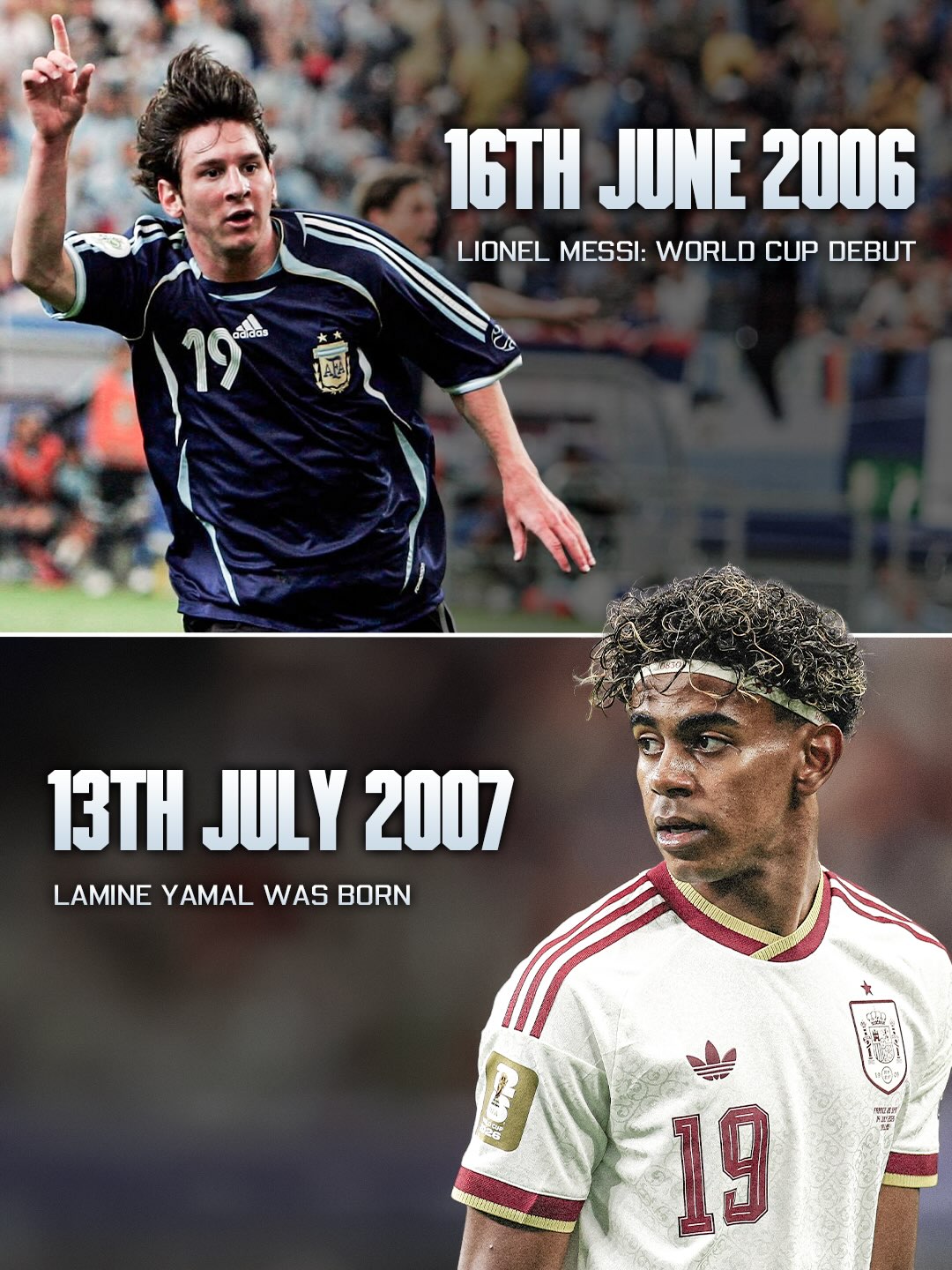 💭 When Leo Messi made his official World Cup debut for Argentina, Lamine Yamal 𝐰𝐚𝐬𝐧’𝐭 𝐞𝐯𝐞𝐧 𝐛𝐨𝐫𝐧 🌎🎞️

🇦🇷 16th June 2006: Leo Messi’s World Cup debut
🇪🇸 13th July 2007: Lamine Yamal was born

… and today they will face each other in the World Cup final 🏆🤯