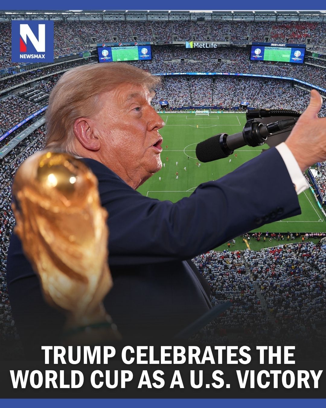 President Donald Trump is set to present the World Cup trophy to the winner of Sunday’s final between Argentina and Spain. But to him, the real victor of soccer’s premier tournament just might be the United States. ⁣
⁣
“It turned out we were a soccer country, and I think it’s going to remain,” Trump said Friday at a FIFA reception at Trump Tower in New York City. “This has really brought the world together.”⁣
⁣
For the White House, Sunday’s match is the culmination of well over a year of navigating a litany of logistical challenges alongside co-hosts Canada and Mexico for what would be the biggest World Cup in history. It had to balance the Trump administration’s hard-line migration policies that barred fans from some World Cup qualifier countries from entry into the United States.⁣
⁣
For more info on this story, please visit the link in our bio or Newsmax.com.