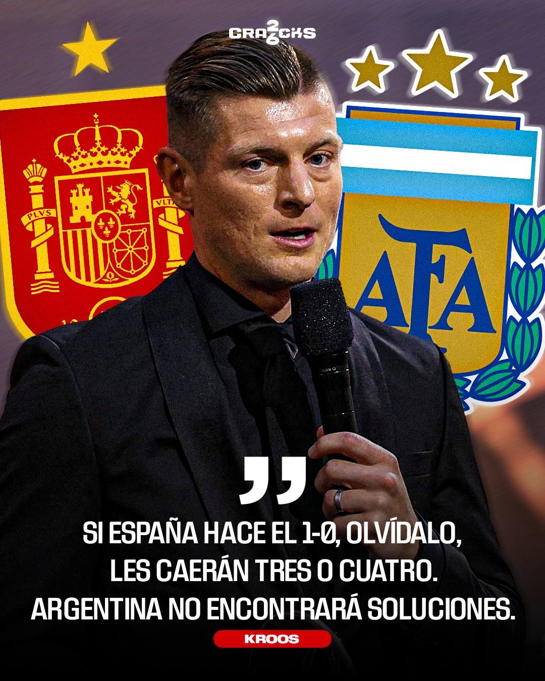 😳 TONI KROOS LANZA UN DURO PRONÓSTICO

🗣️ "Si España hace el 1-0, olvídalo, les caerán tres o cuatro. Argentina no encontrará soluciones", aseguró el alemán de cara a la final del Mundial.

👀 Aun así, Kroos advirtió que si Argentina encuentra espacios, puede aprovecharlos gracias al talento de Lionel Messi.