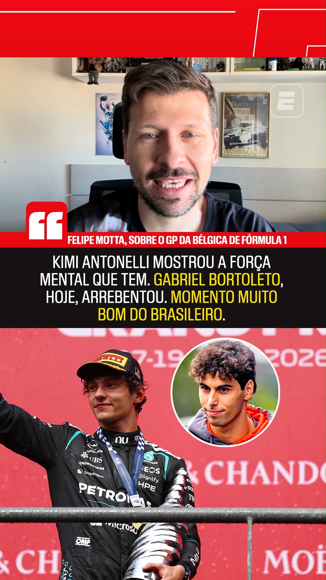 Kimi Antonelli venceu o GP da Bélgica de Fórmula 1! 🏎️🇧🇪🏁🏆 

Charles Leclerc e Max Verstappen completaram o pódio, enquanto o brasileiro Gabriel Bortoleto garantiu a 8ª colocação e somou mais pontos! 🇧🇷👏 

Felipe Motta analisou os principais destaques da corrida.

#F1NaESPN #GPdaBelgica #BelgianGP