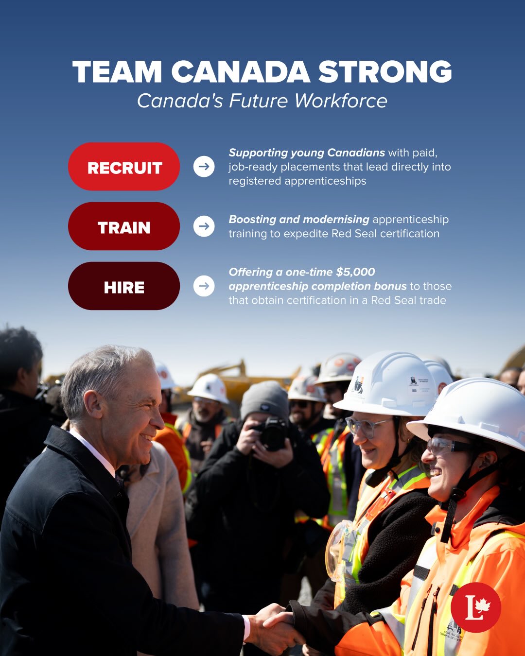 Team Canada Strong is our plan to recruit, train, and hire up to 100,000 new Red Seal trades workers.

We’re growing the workforce that will build the homes, transit, and energy projects that will make Canada stronger, more resilient, and more prosperous.

Notre plan Une Équipe Canada forte recrutera, formera et embauchera 100 000 nouveaux travailleurs Sceau rouge.

Ceux-ci bâtiront les logements, les réseaux de transport en commun et les projets énergétiques qui rendront le pays plus fort, plus résilient et plus prospère.