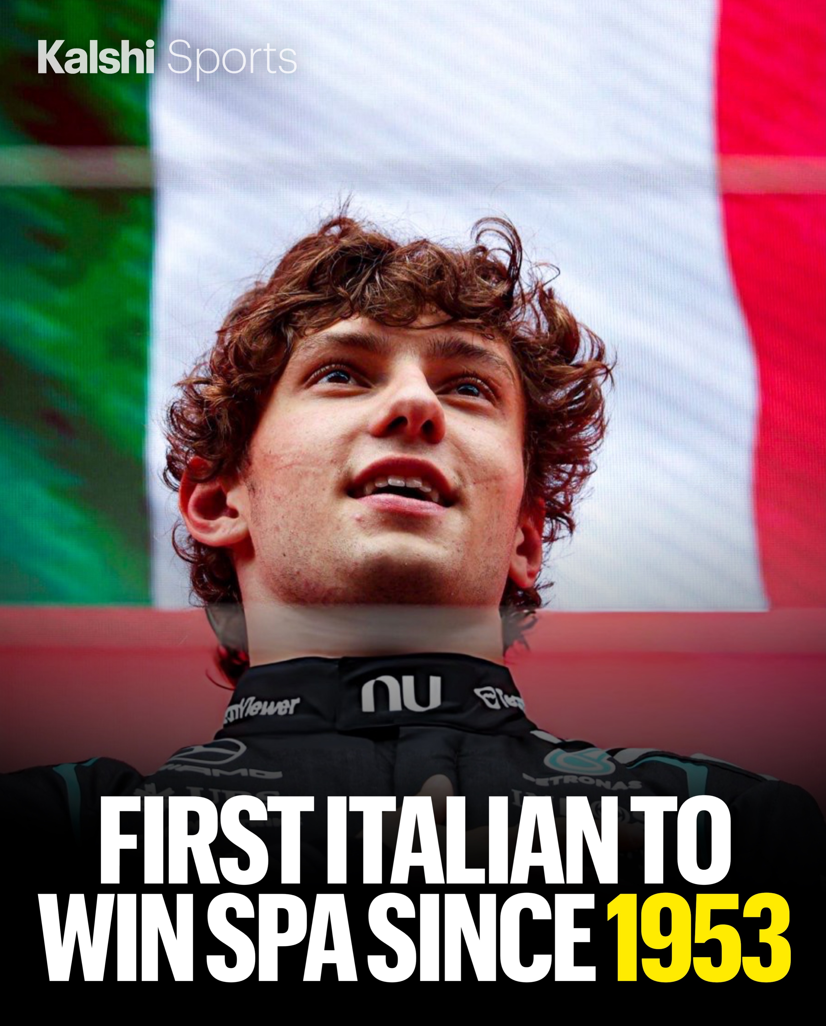 Kimi Antonelli makes history every time he’s on the track. First Italian to win in Spa since 1953. 

He has a 74% chance to be the F1 Drivers Champion on Kalshi 📈🔥