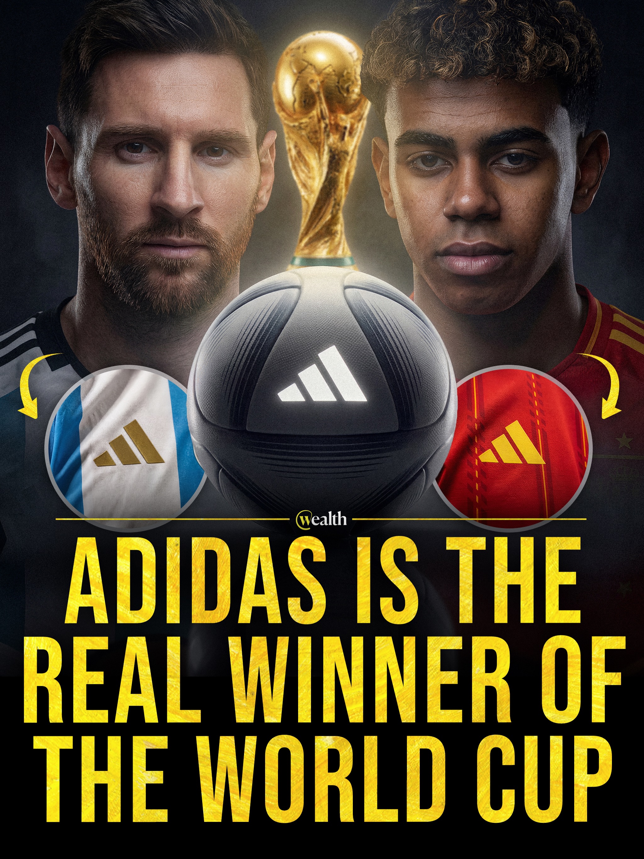Adidas is guaranteed a place on the World Cup-winning shirt. 👕⚽️

Spain and Argentina meet in the 2026 final on July 19, with Lamine Yamal and Lionel Messi wearing adidas home kits. Regardless of the result, the company’s logo will appear on the champions’ jersey.

Adidas also supplies the match ball. FIFA selected the gold, white and black TRIONDA FINAL for the semifinals, third-place game and final.

#Adidas #WorldCup2026 #Spain #Argentina #Football