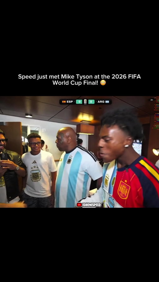 From meeting football legends to sharing unforgettable moments with some of the biggest names in sports, Speed’s World Cup journey added another incredible chapter when he came face-to-face with boxing icon Mike Tyson. Inside the VIP area during the 2026 FIFA World Cup Final between Spain and Argentina, Speed couldn’t hide his excitement as he greeted the former heavyweight champion with a huge smile and a handshake. But instead of simply asking for a photo, Speed shared one of his biggest goals, telling Tyson, “One day I want you to train me. I want to become a fighter.” Tyson warmly listened, spoke with him for a moment, and wrapped the interaction up with a heartfelt hug, making the encounter even more memorable. Fans loved seeing the genuine respect between the two, as one of the internet’s biggest entertainers met one of boxing’s greatest legends. It was a special crossover that brought together football, streaming, and combat sports on the world’s biggest sporting stage, giving Speed yet another unforgettable memory from an incredible World Cup adventure.

Follow @speed._fanpage for more exciting content !!

#IShowSpeed #Speed #MikeTyson #WorldCup #Boxing